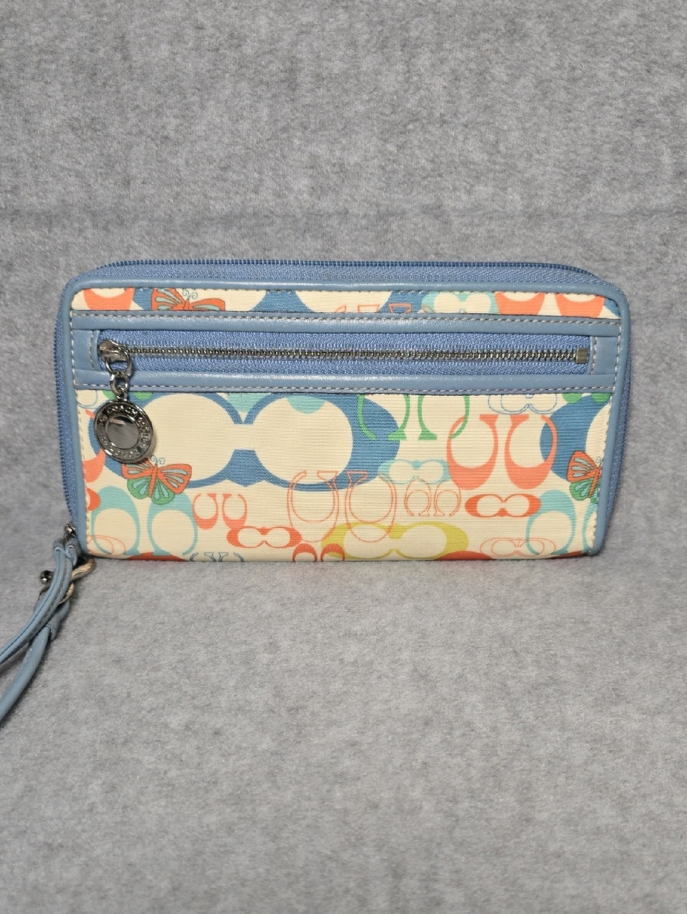 Coach Optic Butterfly  Multicolor Signature Long Wallet/Wristlet Blue Trim